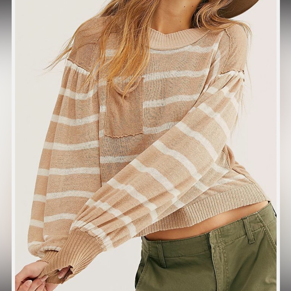 Free People Between The Lines Striped Linen Blend Pullover‎ Knit Sweater Cream
